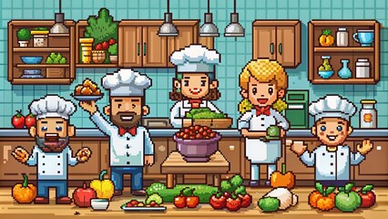 Pixel Art Collection of Chefs in Action - Creative Culinary Designs for Unique Kitchen Decor