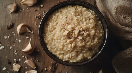   Close-up of wooden table with oatmeal bowl, garlic, and cloves