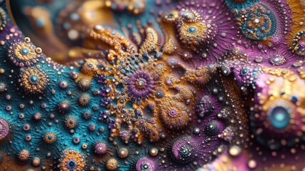 Obraz premium Abstract fractal pattern with intricate details in gold, purple and teal colors.