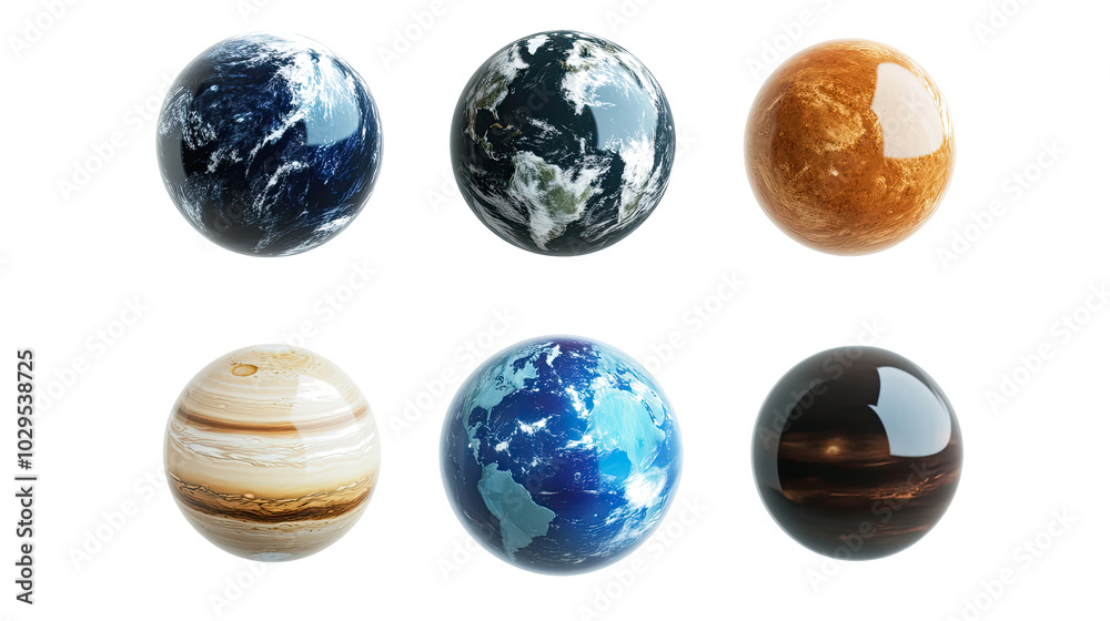 Poster collection of realistic planet models isolated on a white background generative ai
