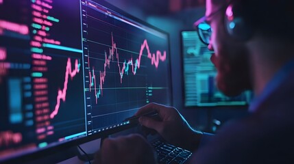 Trader analyzing data on virtual screen.Price graph and indicator. Stock market invest and crypto currency. Stock market and business investment.