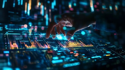 Trader analyzing data on virtual screen.Price graph and indicator. Stock market invest and crypto currency. Stock market and business investment.