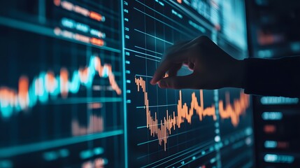 Trader analyzing data on virtual screen.Price graph and indicator. Stock market invest and crypto currency. Stock market and business investment.