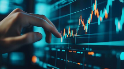 Trader analyzing data on virtual screen.Price graph and indicator. Stock market invest and crypto currency. Stock market and business investment.