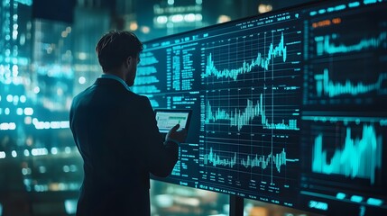 Trader analyzing data on virtual screen.Price graph and indicator. Stock market invest and crypto currency. Stock market and business investment.