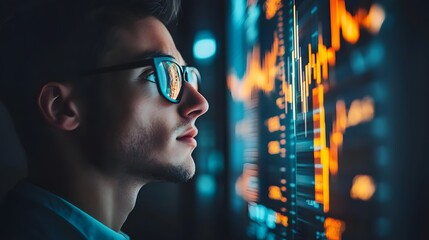 Trader analyzing data on virtual screen.Price graph and indicator. Stock market invest and crypto currency. Stock market and business investment.