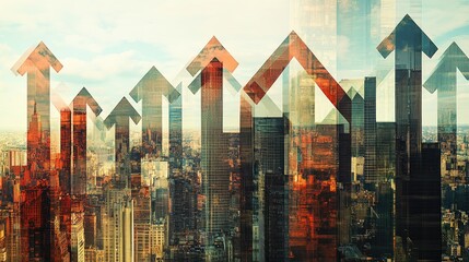 Cityscape photo with buildings shaped like economic arrows going up and down.