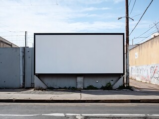 Fototapeta premium Blank billboard on a city street surrounded by urban buildings during a clear day in the afternoon