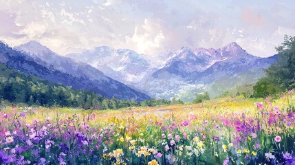 Fototapeta premium A field of wildflowers in front of a mountain range with a cloud-filled sky