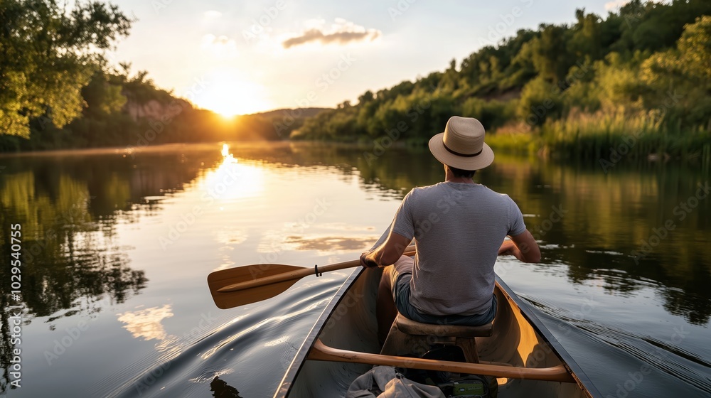 Poster A peaceful sunset canoe trip on a serene river with lush greenery surrounding the calm waters