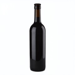 A tall, dark glass bottle for beverages resting on a light surface in a minimalistic setting