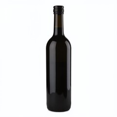 A sleek black glass bottle stands upright on a plain background, showcasing its elegant design for beverage packaging