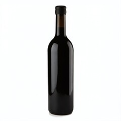 A sleek black wine bottle stands upright against a neutral backdrop in an elegant setting