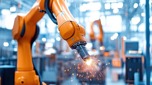 Photo of Generative AI image of industrial robot welding in a factory.