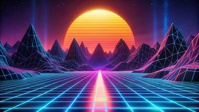 Retro futuristic neon gaming landscape background with a medium shot