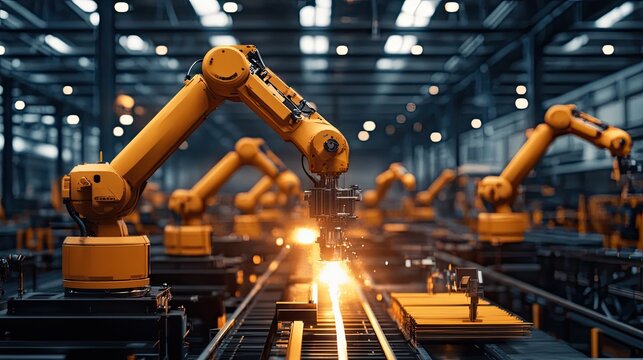 Photo of Generative AI image of industrial robot welding in a factory.