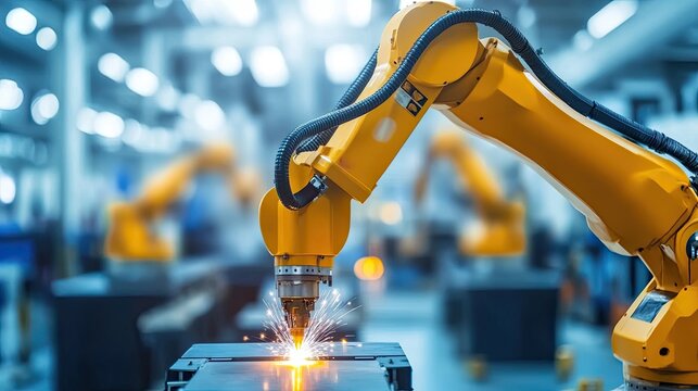 Photo of Generative AI image of industrial robot welding in a factory.