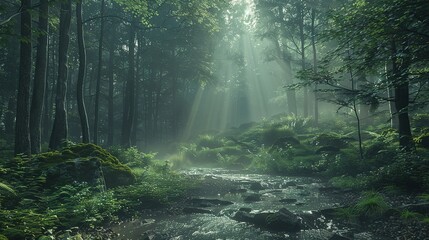 Obraz premium Sunbeams pierce through the canopy of a lush, misty forest, illuminating a stream winding through th