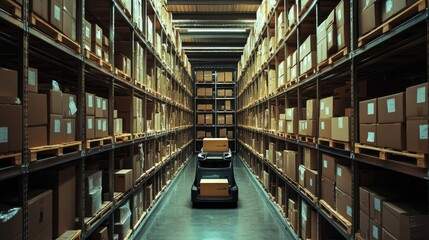 Photo of self-driving car amid shelves of cardboard boxes in a warehouse.