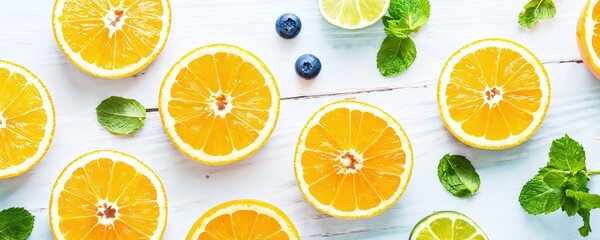 Obraz premium Freshly sliced citrus fruits arranged on a wooden table with mint leaves and blueberries