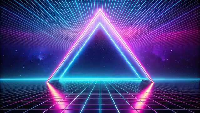 Retro futuristic triangular neon frame on lake synthwave style background forced perspective