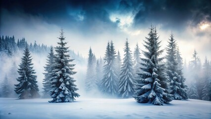 Naklejka premium Moody winter scenery with snow-covered fir trees in foggy weather