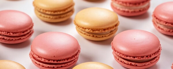 Obraz premium Colorful pink and yellow macarons arranged neatly on a white surface, highlighting their delightful textures and flavors