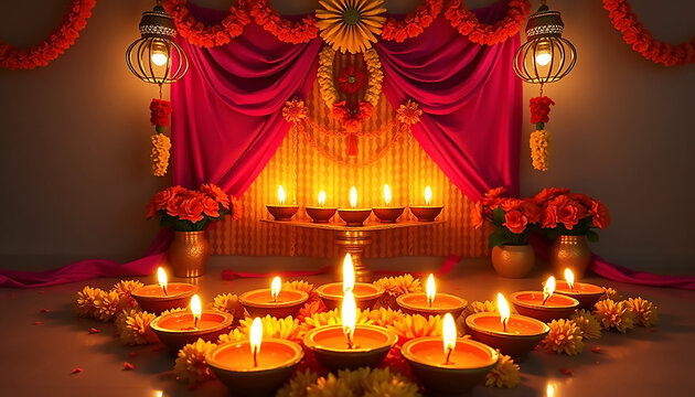 Traditional Decorations with Glowing Diyas, Marigold Flowers, and Colorful Fabrics for Indian Festival