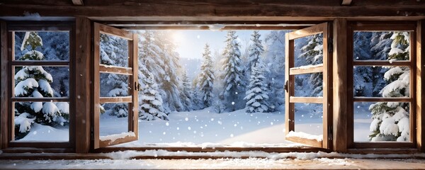 A cozy winter scene through an open window showing a snow-covered landscape with tall evergreen trees and soft falling snowflakes