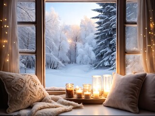 Cozy winter scene from a snowy window with candles and soft cushions at twilight in a tranquil setting