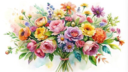 Panoramic watercolor painting of bouquet of flowers on white background
