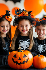 Fototapeta premium Three smiling children dressed in Halloween-themed outfits showcase their creativity with pumpkin decorations while celebrating a joyful autumn occasion