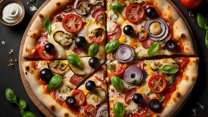 A top-down shot of a pizza with various toppings showcases the crust's thinness and the arrangement of ingredients.