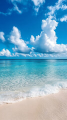 Fototapeta premium Serene Tropical Beach with Crystal Clear Water and Vibrant Blue Skies