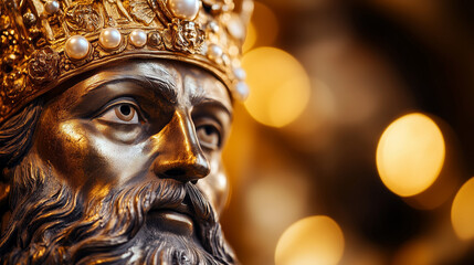 A closeup of a regal king sculpture showcases intricate details in the crown and expression, highlighting its artistic craftsmanship. Closeup of a crowned king sculpture.