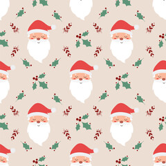 Christmas cute pattern with Santa and leaves. Happy Holidays New Year card. Vector graphics. Light background, snowy. Mistletoe, Happy Santa. Seamless print