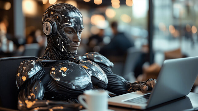 A bionic transhuman relaxes with a cup of coffee while focused on a laptop in a bustling caf&eacute;, blending technology and daily life. Bionic transhuman sips coffee at caf&eacute;,