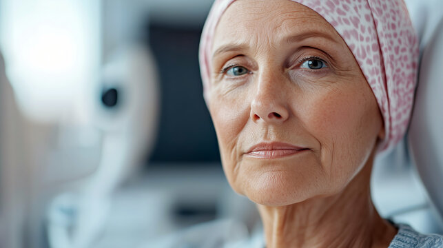A woman with a headscarf sits thoughtfully, reflecting strength while undergoing cancer treatment in a care environment. portrait of a woman in a cancer care facility.