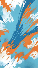 Vertical rough textured background with a mix of lines, splashes, and subtle smoke wisps. Using a three-color combination, blue, light blue, orange. The elements make it feel organic and energetic.