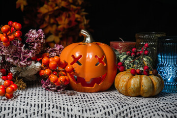 Halloween day illustration background with pumpkins and candles on haunted bokeh background, home decorations, Autumn hygge, Thanksgiving and Halloween