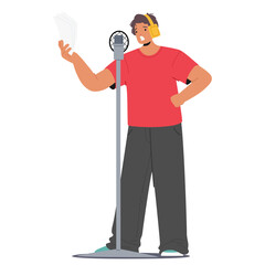 Man Stands In Front Of A Microphone, Wearing Headphones And Holding A Script. He Is Actively Engaged In Voice Acting