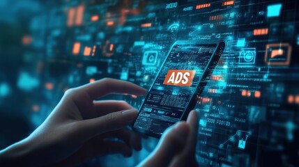Fototapeta premium Close-up of a person's hand holding a smartphone with a glowing screen displaying ads, concept for digital marketing, online advertising and mobile technology