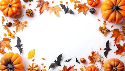 Halloween frame border, pumpkins, leaves, bats, white backdrop, digital painting, autumn festival, copy space.