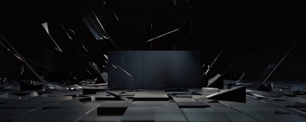 Dynamic abstract composition with fragmented shapes in a dark setting creating an immersive visual experience, emphasizing depth and movement