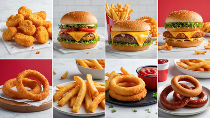 collage of different fast food, hamburger, nuggets