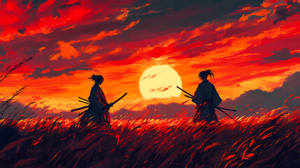 Obraz premium Epic Samurai Duel at Sunset Anime Illustration