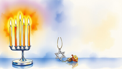 Fototapeta premium Menorah with Star of David, Dreidel, and Hanukkah Gelt in Soft Golden-Purple Light 