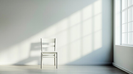 Minimalistic interior with single white chair in sunlit room