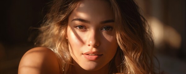 Obraz premium A young woman gazes softly into the camera, sunlight illuminating her features in a cozy indoor setting during late afternoon