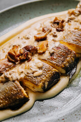 Close-up of roasted fish fillet with creamy mushroom sauce, culinary and food photography